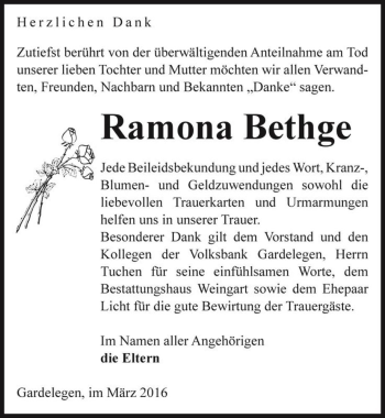 Traueranzeige von Ramona Bethge  von Magdeburger Volksstimme