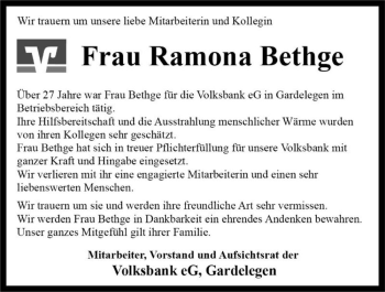 Traueranzeige von Ramona Bethge  von Magdeburger Volksstimme