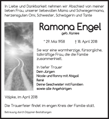 Traueranzeige von Ramona Engel (geb. Kanies)  von Magdeburger Volksstimme