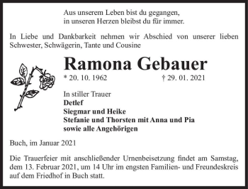 Traueranzeige von Ramona Gebauer  von Magdeburger Volksstimme
