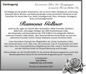 Traueranzeige von Ramona Göllner  von Magdeburger Volksstimme