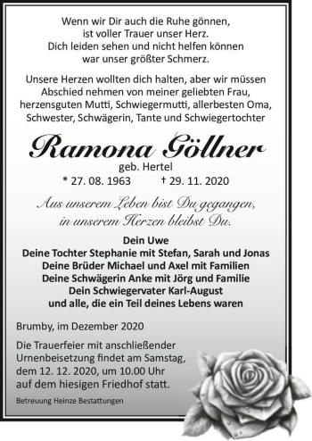 Traueranzeige von Ramona Göllner (geb. Hertel)  von Magdeburger Volksstimme