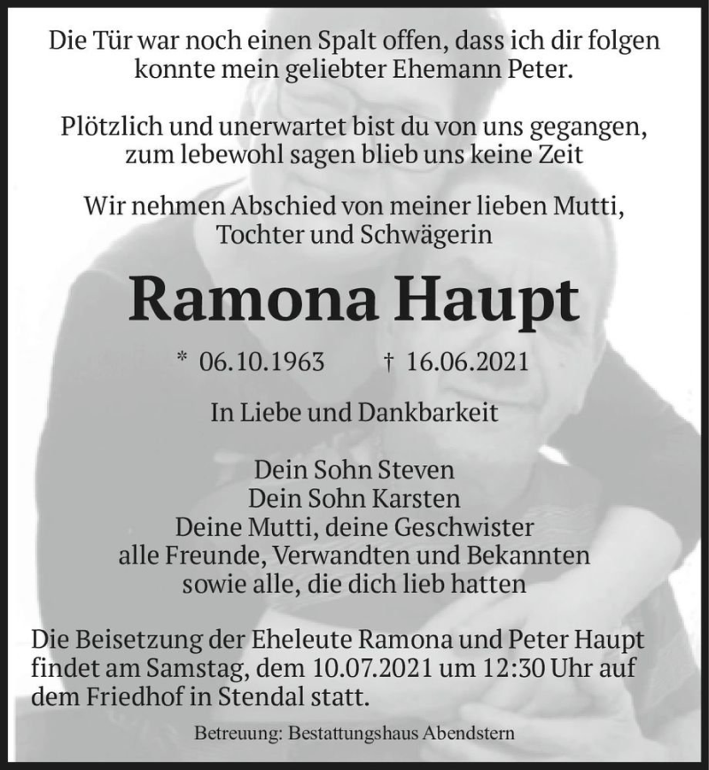  Traueranzeige für Ramona Haupt  vom 03.07.2021 aus Magdeburger Volksstimme