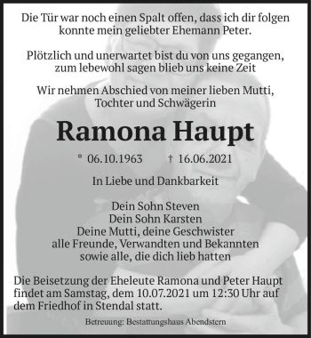 Traueranzeige von Ramona Haupt  von Magdeburger Volksstimme
