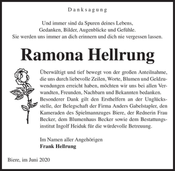 Traueranzeige von Ramona Hellrung  von Magdeburger Volksstimme