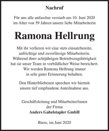 Traueranzeige von Ramona Hellrung  von Magdeburger Volksstimme