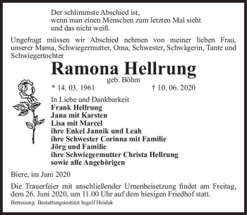 Traueranzeige von Ramona Hellrung (geb. Böhm)  von Magdeburger Volksstimme