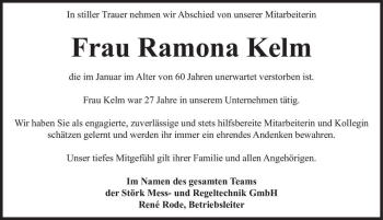 Traueranzeige von Ramona Kelm  von Magdeburger Volksstimme