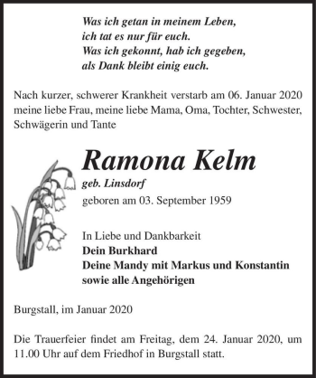 Traueranzeige von Ramona Kelm (geb. Linsdorf)  von Magdeburger Volksstimme