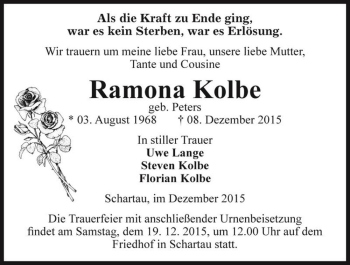 Traueranzeige von Ramona Kolbe (geb. Peters)  von Magdeburger Volksstimme