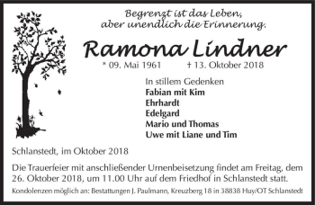 Traueranzeige von Ramona Lindner  von Magdeburger Volksstimme