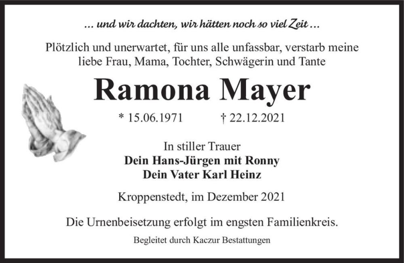  Traueranzeige für Ramona Mayer  vom 31.12.2021 aus Magdeburger Volksstimme