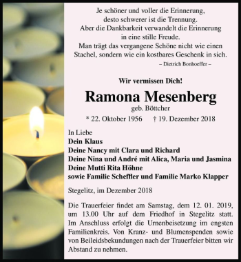 Traueranzeige von Ramona Mesenberg (geb. Böttcher)  von Magdeburger Volksstimme