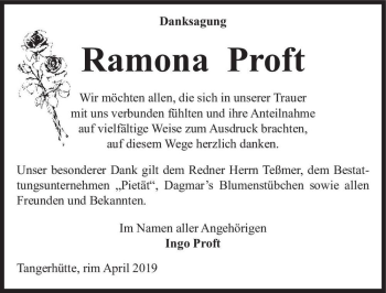 Traueranzeige von Ramona Proft  von Magdeburger Volksstimme