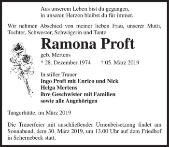 Traueranzeige von Ramona Proft (geb. Merten)  von Magdeburger Volksstimme