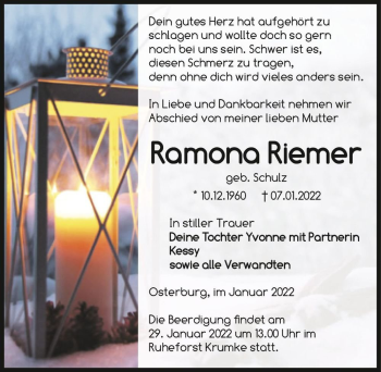 Traueranzeige von Ramona Riemer (geb. Schulz)  von Magdeburger Volksstimme