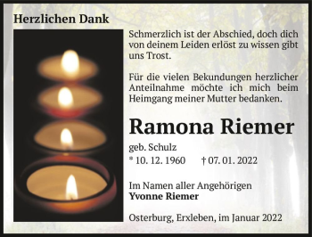 Traueranzeige von Ramona Riemer (geb. Schulz)  von Magdeburger Volksstimme