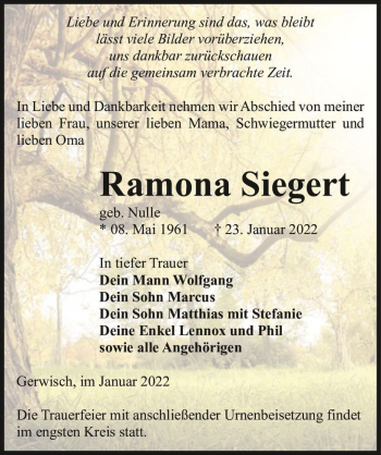 Traueranzeige von Ramona Siegert (geb. Nulle)  von Magdeburger Volksstimme