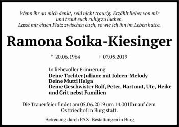 Traueranzeige von Ramona Soika-Kiesinger  von Magdeburger Volksstimme