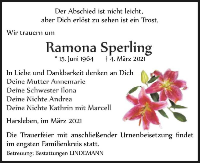  Traueranzeige für Ramona Sperling  vom 13.03.2021 aus Magdeburger Volksstimme