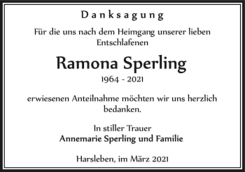 Traueranzeige von Ramona Sperling  von Magdeburger Volksstimme