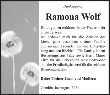 Traueranzeige von Ramona Wolf  von Magdeburger Volksstimme