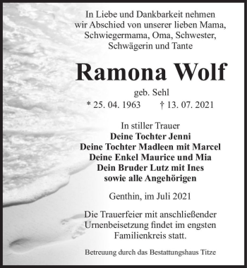 Traueranzeige von Ramona Wolf (geb. Sehl)  von Magdeburger Volksstimme