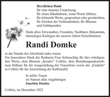 Traueranzeige von Randi Domke  von Magdeburger Volksstimme