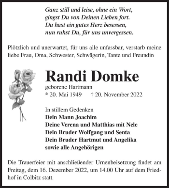 Traueranzeige von Randi Domke (geb. Hartmann)  von Magdeburger Volksstimme