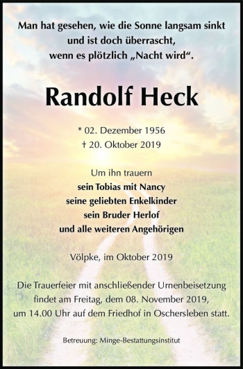 Traueranzeige von Randolf Heck  von Magdeburger Volksstimme