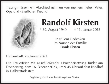 Traueranzeige von Randolf Kirsten  von Magdeburger Volksstimme