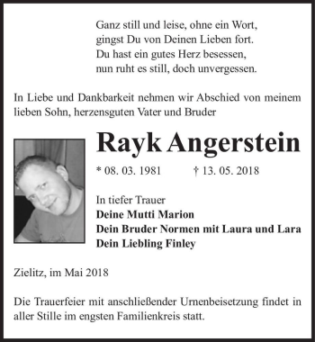 Traueranzeige von Rayk Angerstein  von Magdeburger Volksstimme
