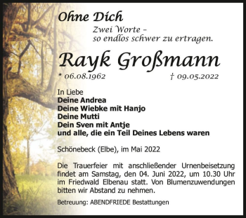 Traueranzeige von Rayk Großmann  von Magdeburger Volksstimme