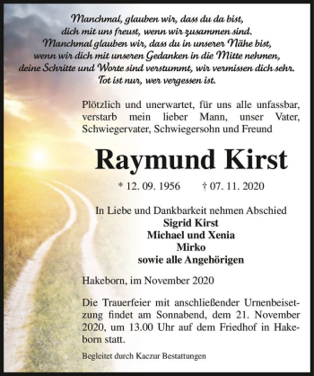 Traueranzeige von Raymund Kirst  von Magdeburger Volksstimme