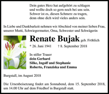 Traueranzeige von Reante Bujak (geb. Fröhlich)  von Magdeburger Volksstimme