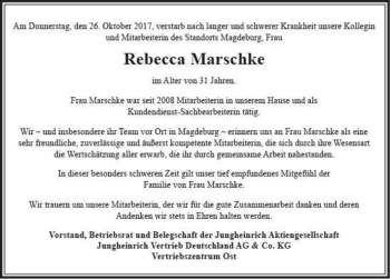 Traueranzeige von Rebecca Marschke  von Magdeburger Volksstimme