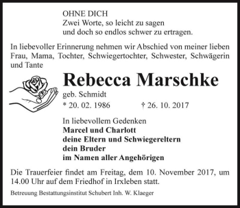 Traueranzeige von Rebecca Marschke (geb. Schmidt)  von Magdeburger Volksstimme
