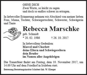 Traueranzeige von Rebecca Marschke (geb. Schmidt)  von Magdeburger Volksstimme
