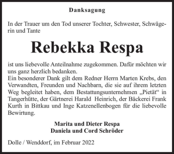 Traueranzeige von Rebekka Respa  von Magdeburger Volksstimme