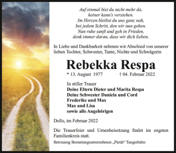 Traueranzeige von Rebekka Respa  von Magdeburger Volksstimme