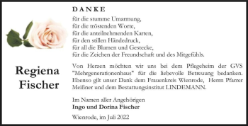 Traueranzeige von Regiena Fischer  von Magdeburger Volksstimme