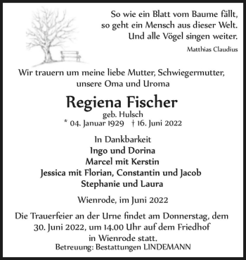 Traueranzeige von Regiena Fischer (geb. Hulsch)  von Magdeburger Volksstimme