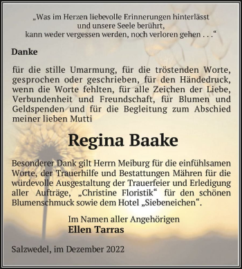 Traueranzeige von Regina Baake  von Magdeburger Volksstimme