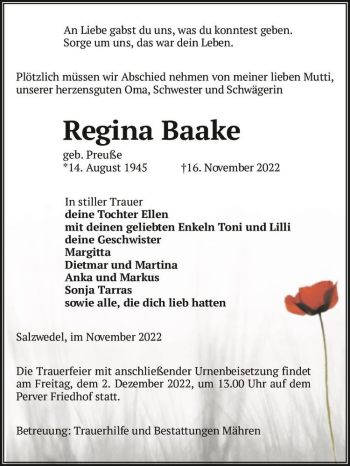 Traueranzeige von Regina Baake (geb. Preuße)  von Magdeburger Volksstimme