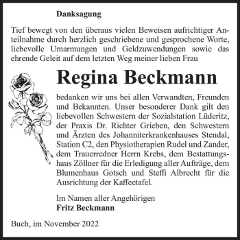 Traueranzeige von Regina Beckmann  von Magdeburger Volksstimme