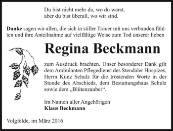 Traueranzeige von Regina Beckmann  von Magdeburger Volksstimme