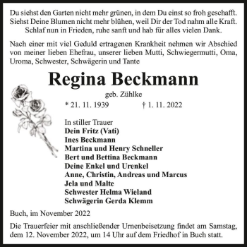 Traueranzeige von Regina Beckmann (geb. Zühlke)  von Magdeburger Volksstimme