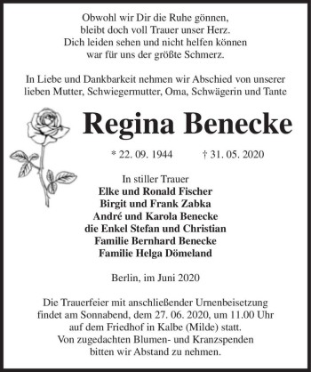 Traueranzeige von Regina Benecke  von Magdeburger Volksstimme