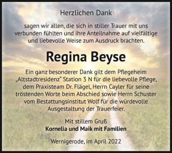 Traueranzeige von Regina Beyse  von Magdeburger Volksstimme