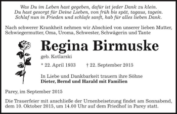 Traueranzeige von Regina Birmuske  von Magdeburger Volksstimme